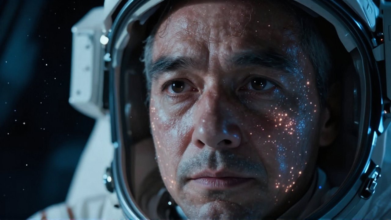 Primer plano de un astronauta con expresión de fatiga dentro de la cabina de una nave espacial.