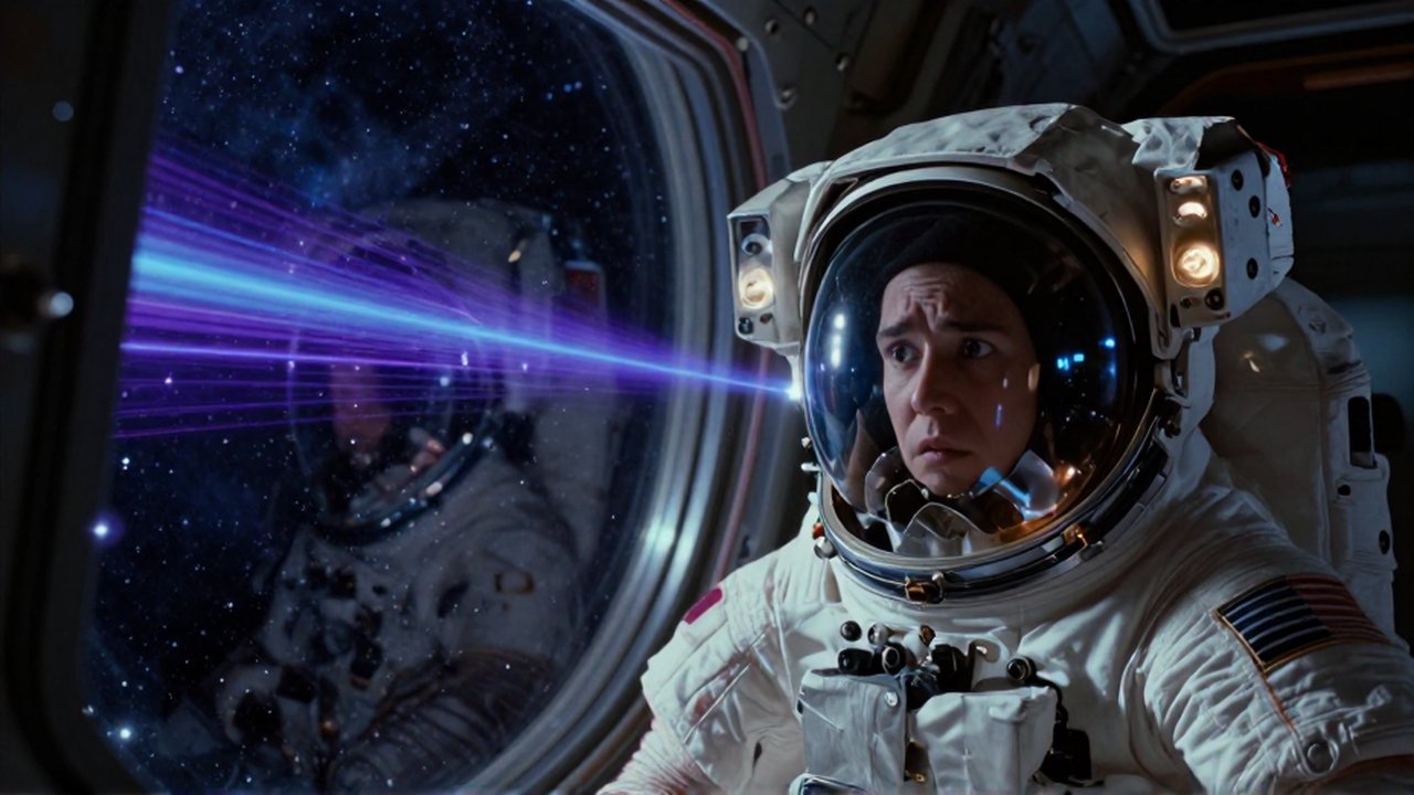 Astronauta con expresión preocupada observa la radiación cósmica azul a través del cristal de una nave espacial.