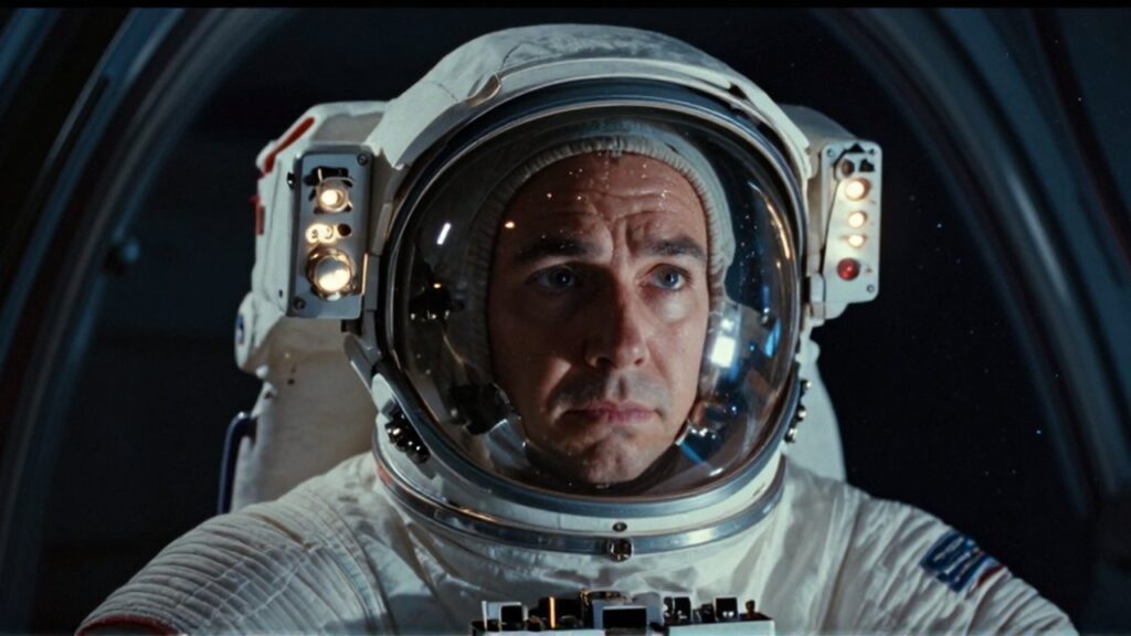 Astronauta con expresión intensa dentro de la cabina de una nave espacial iluminada por paneles de control.