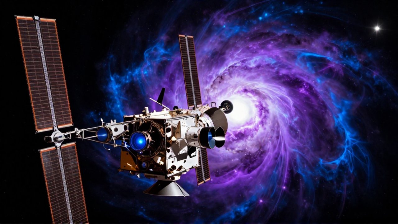 Satélite Chandra orbitando en el espacio con un remanente de supernova violeta y azul al fondo.