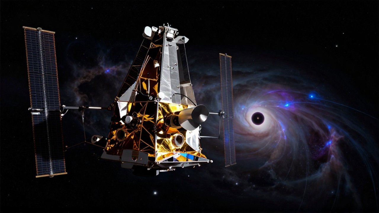 El satélite Chandra X-ray Observatory orbita sobre la Tierra frente a un fondo cósmico con nebulosas.