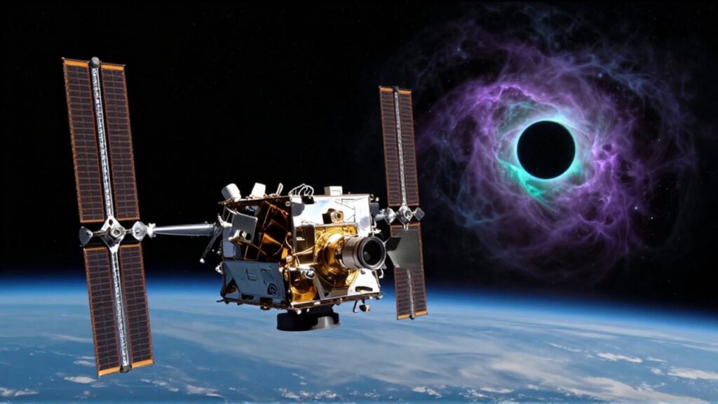 El satélite Chandra X-ray Observatory orbita la Tierra frente a un fondo de nebulosas y un agujero negro.