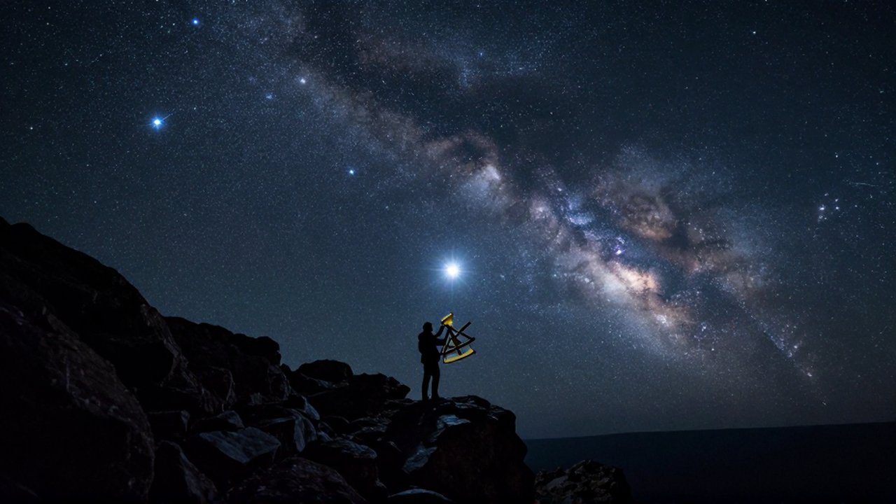 Astrónomo con un sextante antiguo observando un cielo nocturno lleno de constelaciones y la Vía Láctea.