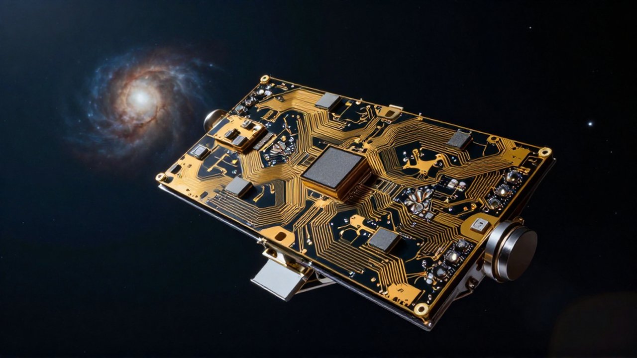 Primer plano de circuitos dorados y detectores de un sensor de telescopio espacial sobre un fondo de nebulosa.