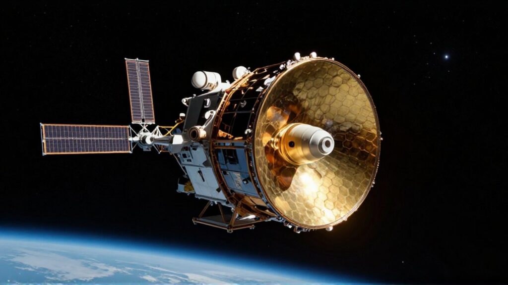 Telescopio espacial de alta tecnología con espejo dorado orbitando sobre el borde de la Tierra.