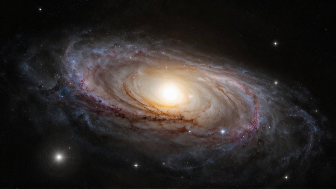 Vasta galaxia elíptica con un núcleo brillante de estrellas cálidas sobre el fondo profundo del espacio.