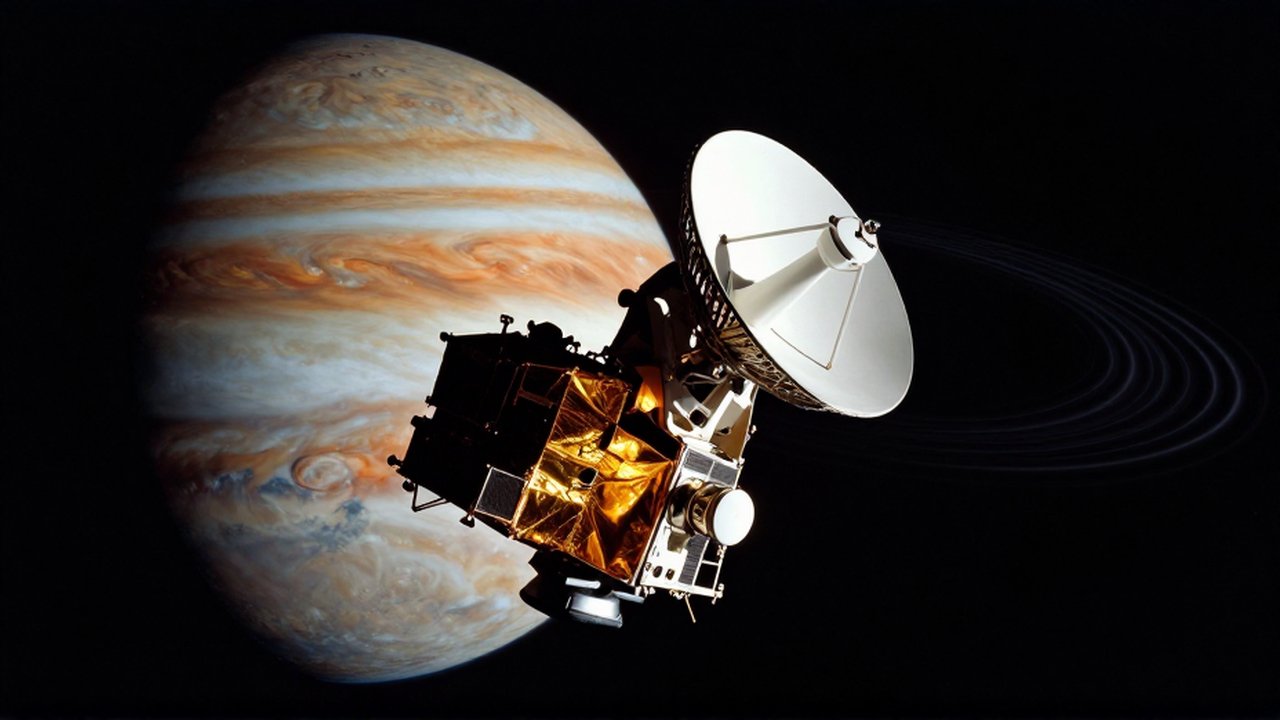 La sonda espacial Galileo orbita el gigante gaseoso Júpiter con sus nubes anaranjadas al fondo.