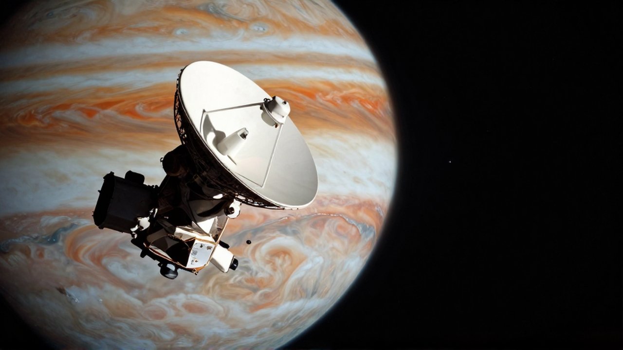 La sonda espacial Galileo orbita sobre las nubes de Júpiter mientras apunta hacia la Tierra.