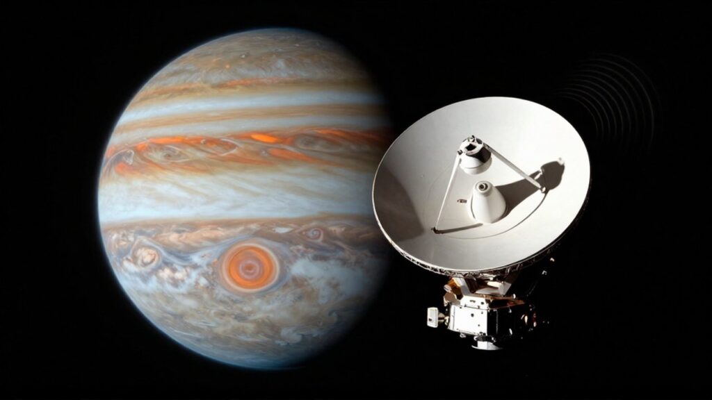 La sonda espacial Galileo flota en el espacio con un enorme Júpiter al fondo.