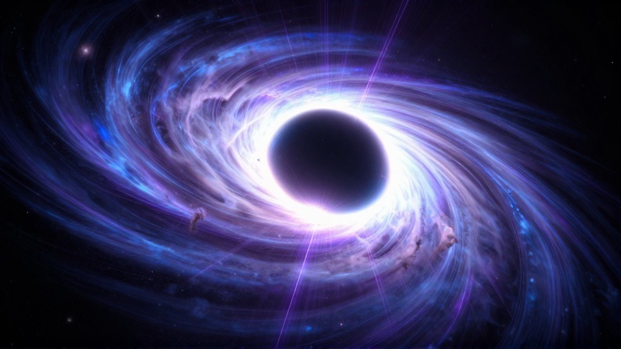 Agujero negro supermasivo con un disco de acreción brillante y destellos de luz azul en el espacio profundo.