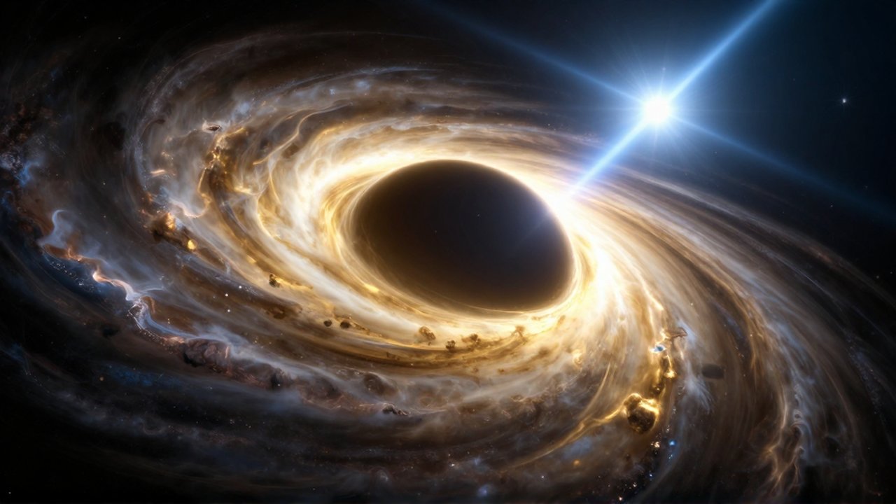 Agujero negro masivo con un disco de acreción dorado brillante rodeado de estrellas y polvo cósmico.