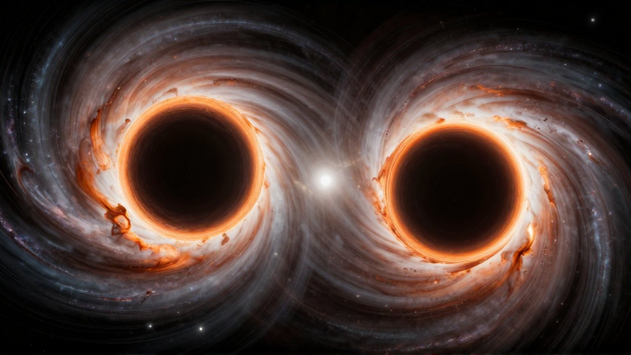 Dos agujeros negros masivos orbitan entre sí con sus discos de plasma brillante distorsionando el espacio.