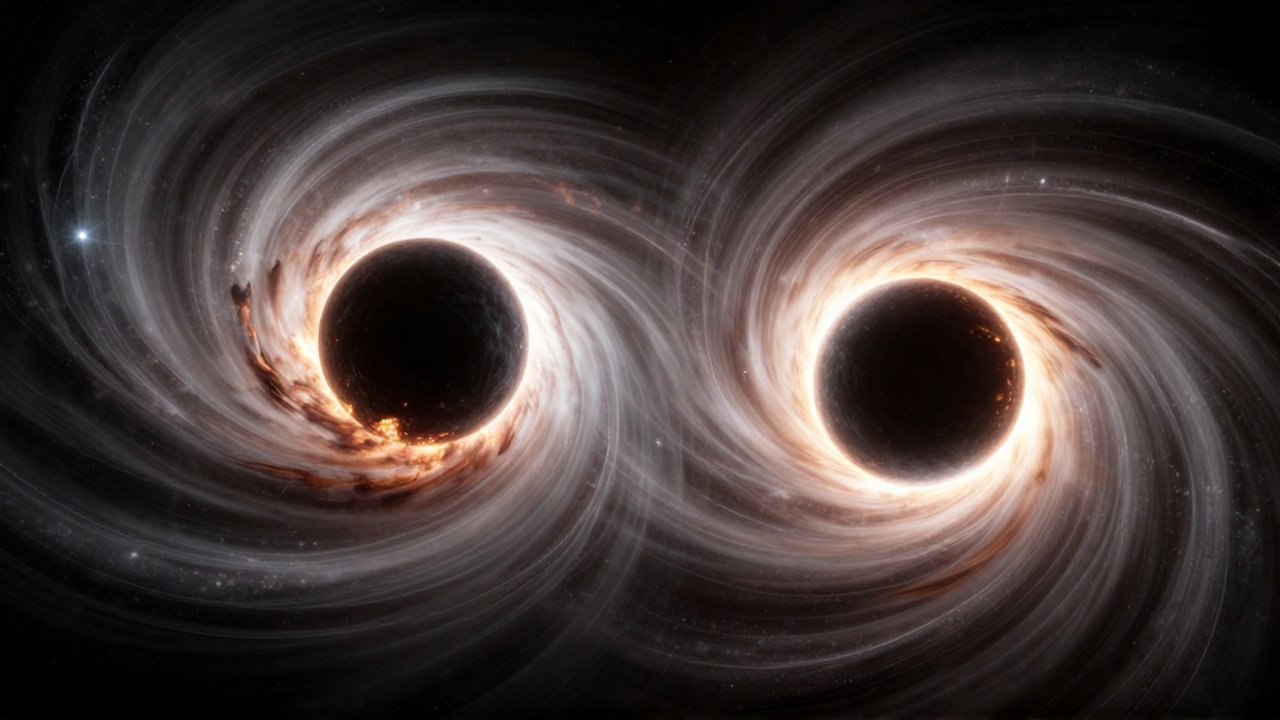 Dos agujeros negros masivos colisionan rodeados de discos de gas brillante y ondas gravitacionales.