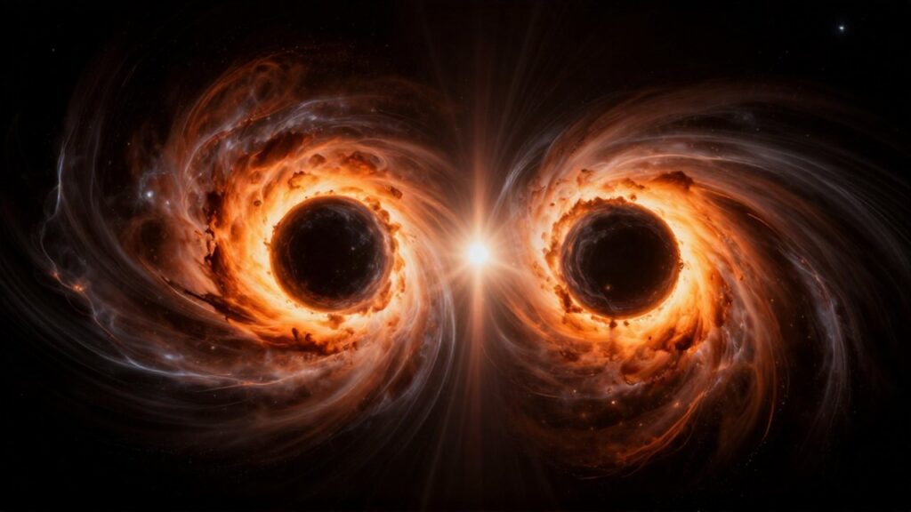 Dos agujeros negros colisionando entre discos de gas naranja brillante que distorsionan la luz estelar.