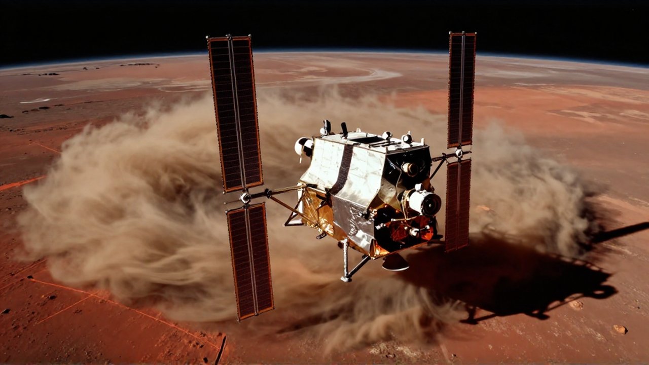 La sonda Mars Reconnaissance Orbiter sobrevuela una enorme tormenta de polvo sobre la superficie de Marte.