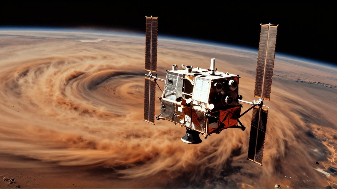 Sonda Mars Reconnaissance Orbiter orbitando Marte sobre una gran tormenta de polvo rojizo.
