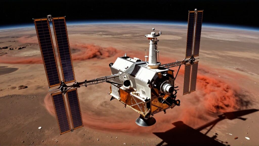 La sonda Mars Reconnaissance Orbiter orbita sobre la superficie de Marte entre tormentas de polvo rojizo.