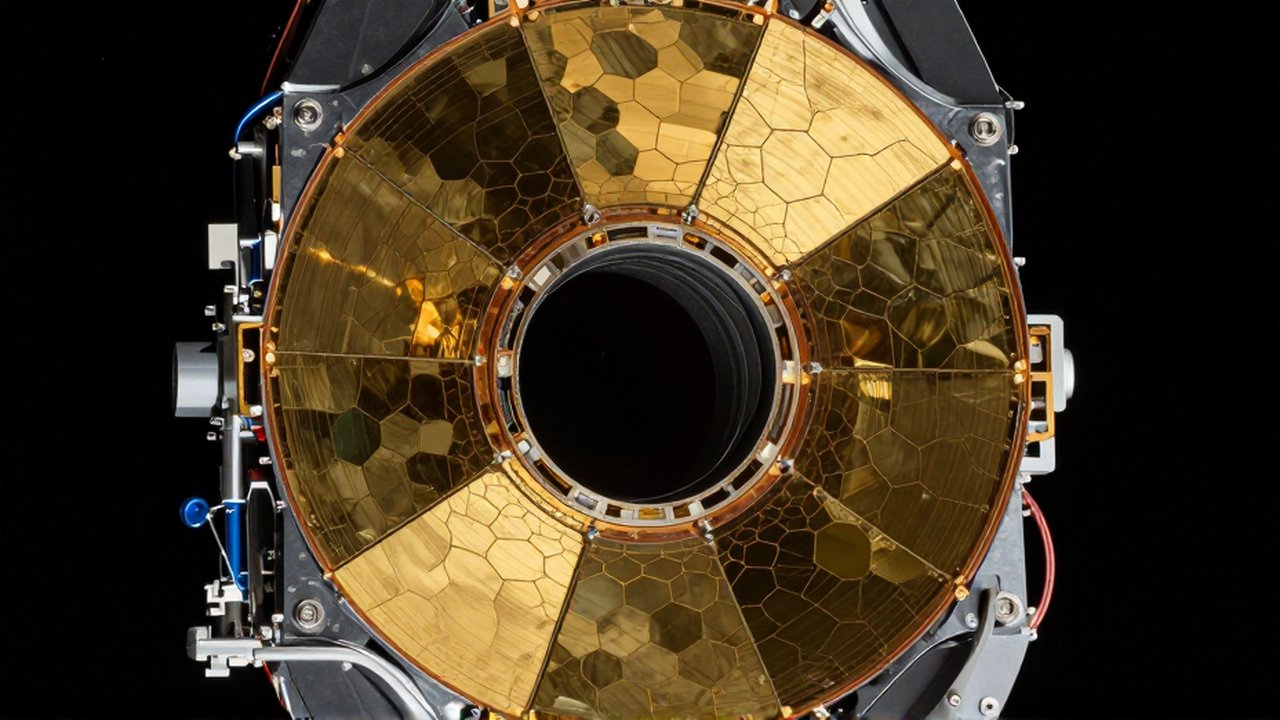 Primer plano de los segmentos hexagonales dorados del espejo principal del telescopio James Webb.