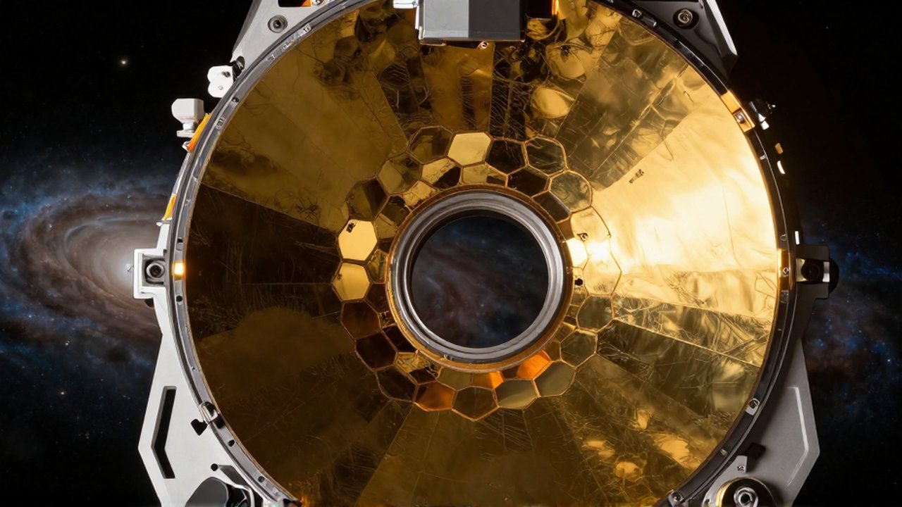 Primer plano de los segmentos hexagonales dorados del telescopio James Webb sobre un fondo de galaxias.