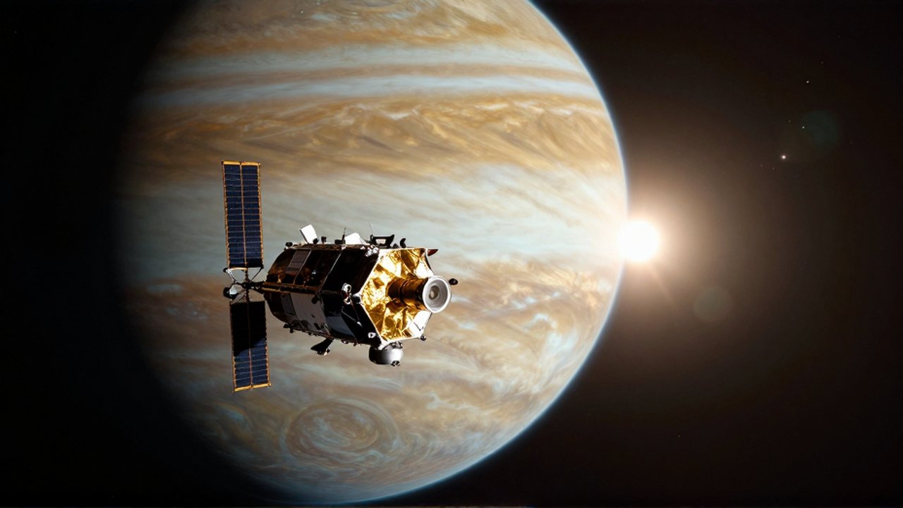 La sonda New Horizons navega por el espacio profundo junto a un gigantesco planeta gaseoso.
