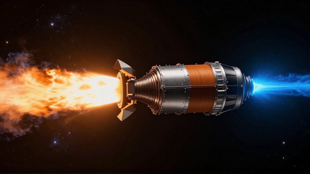 Comparación entre un motor de cohete químico con llama naranja y un propulsor iónico azul en el espacio.