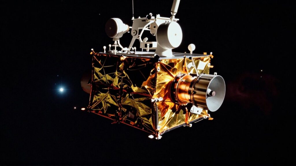 La sonda espacial New Horizons navega por el espacio profundo con detalles metálicos y un suave resplandor naranja.