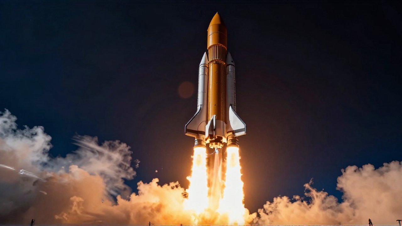 Cohete orbital ascendiendo a través de la atmósfera dejando una estela de humo y fuego.