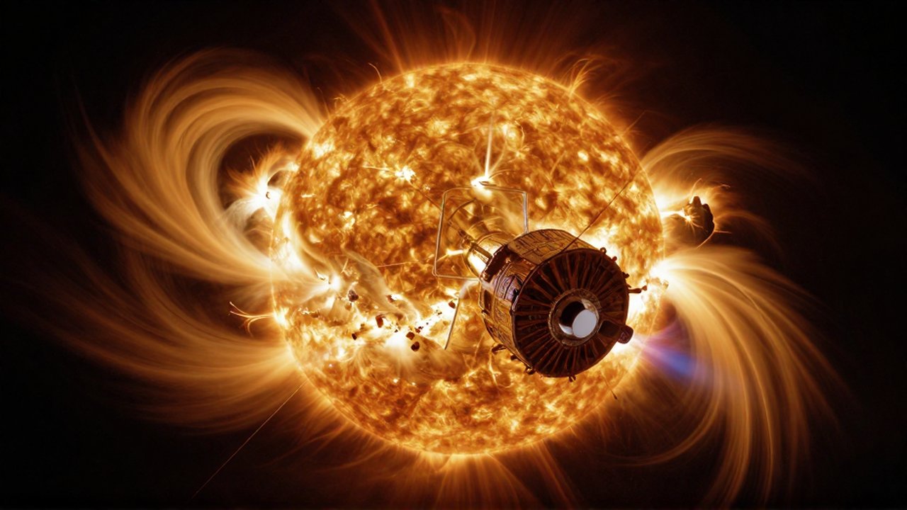 La sonda espacial Parker Solar Probe navega cerca de la superficie del sol entre llamaradas de plasma dorado.
