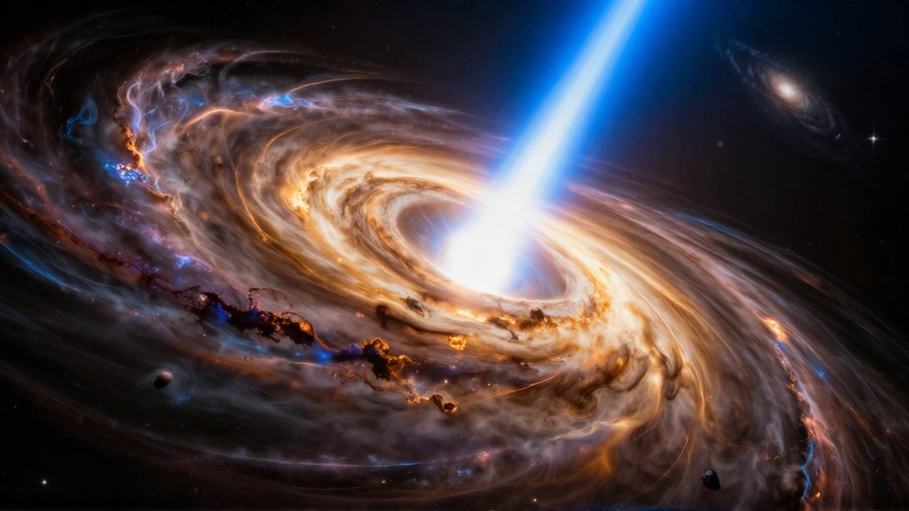 Un agujero negro supermasivo rodeado por un brillante disco de gas de colores cálidos y chorros de energía.