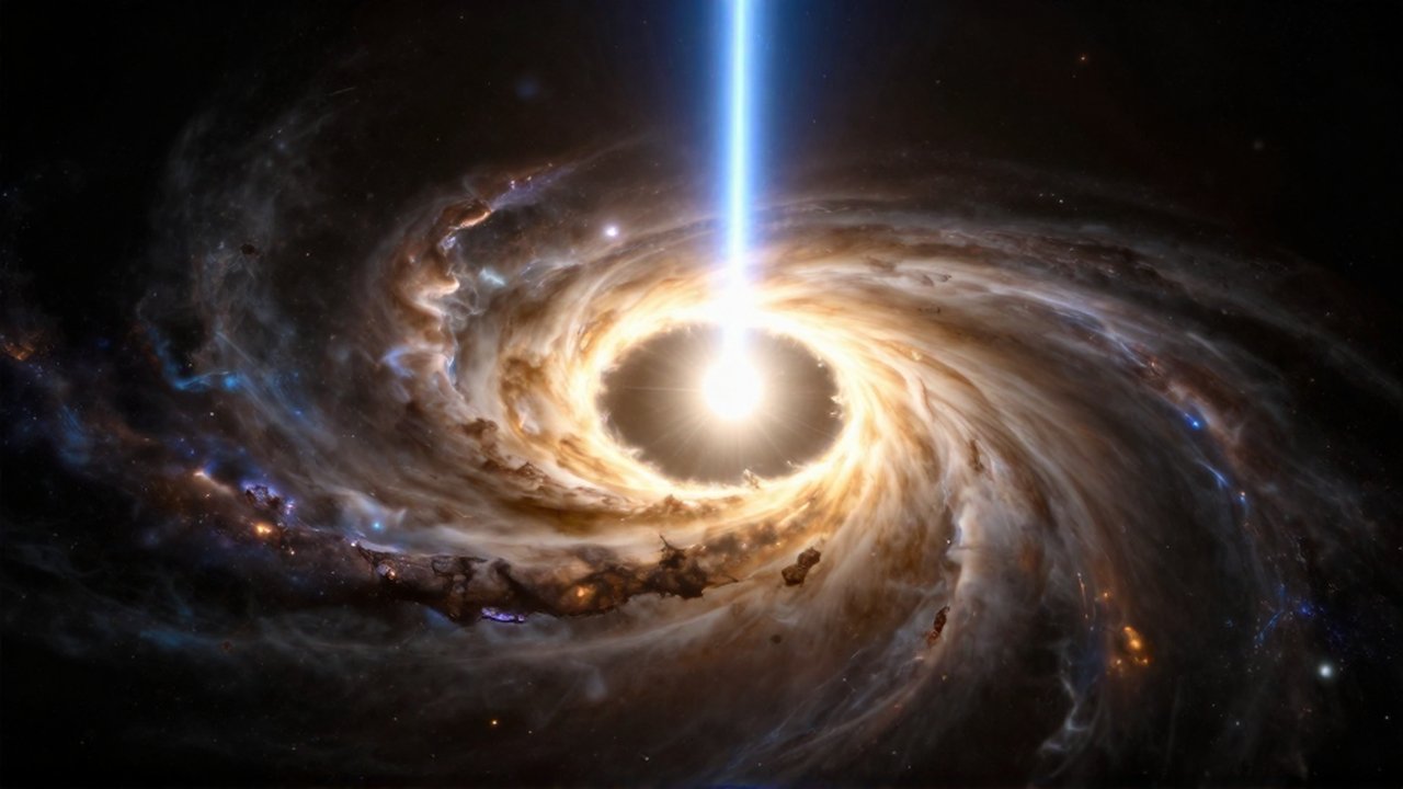 Un cuásar masivo con un disco de gas brillante y potentes chorros de plasma en el espacio.