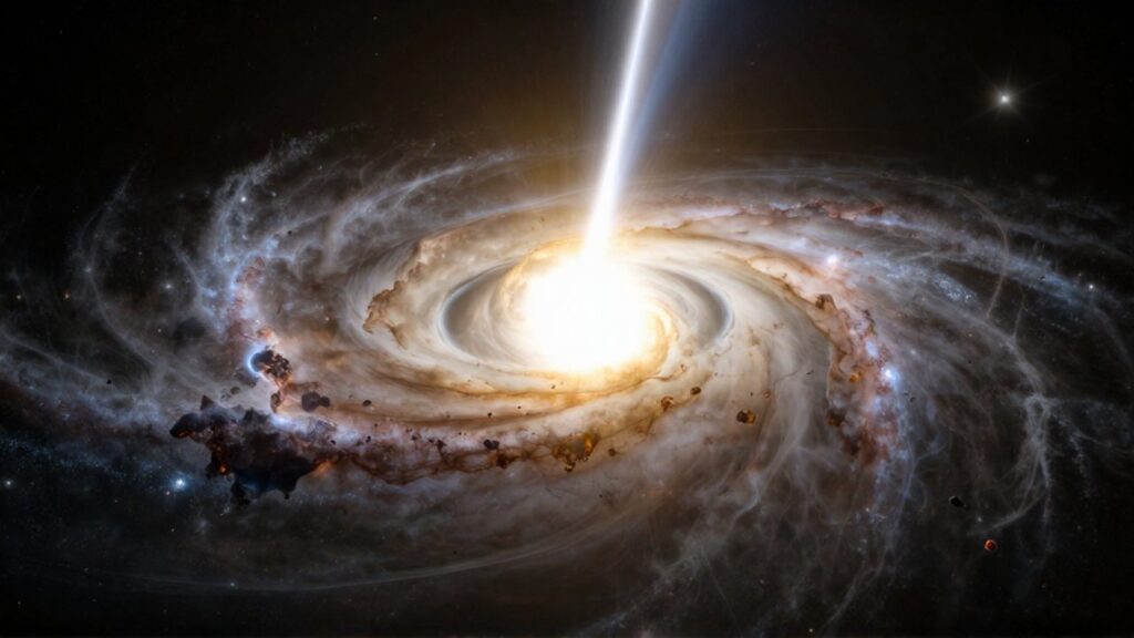 Cuásar masivo con un disco de acreción brillante y potentes chorros de plasma en el espacio.