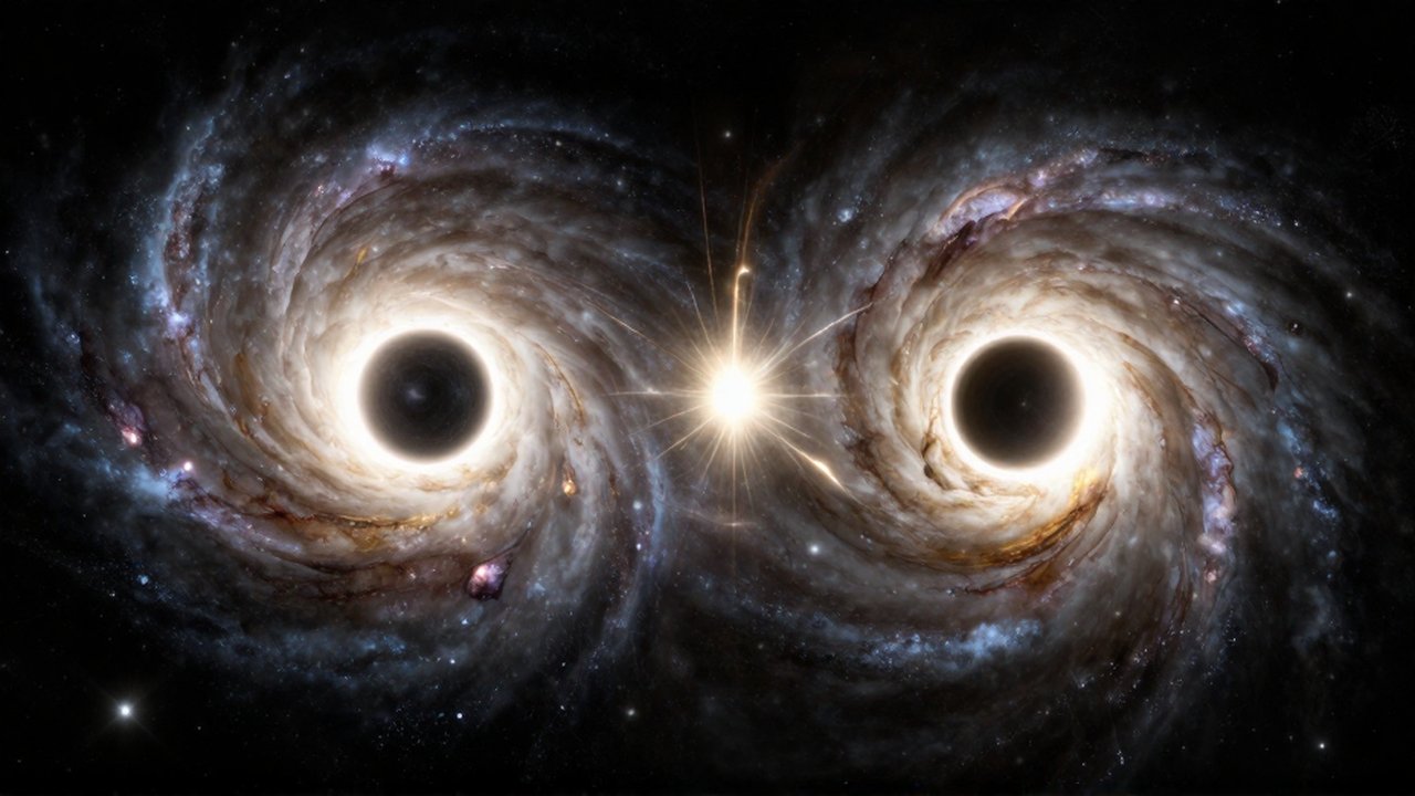 Dos galaxias espirales colisionan en el espacio profundo con núcleos brillantes y estelas de estrellas.