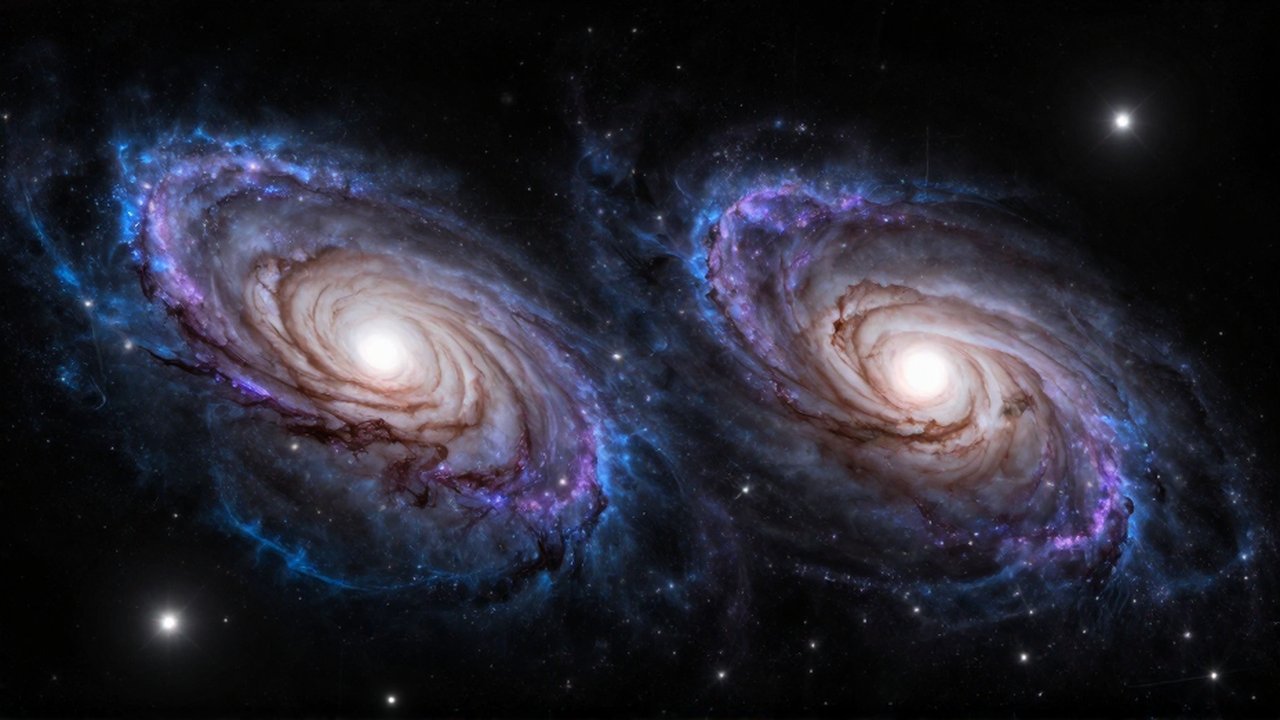 Colisión masiva de dos galaxias espirales con estelas de estrellas y gas entre nubes cósmicas.