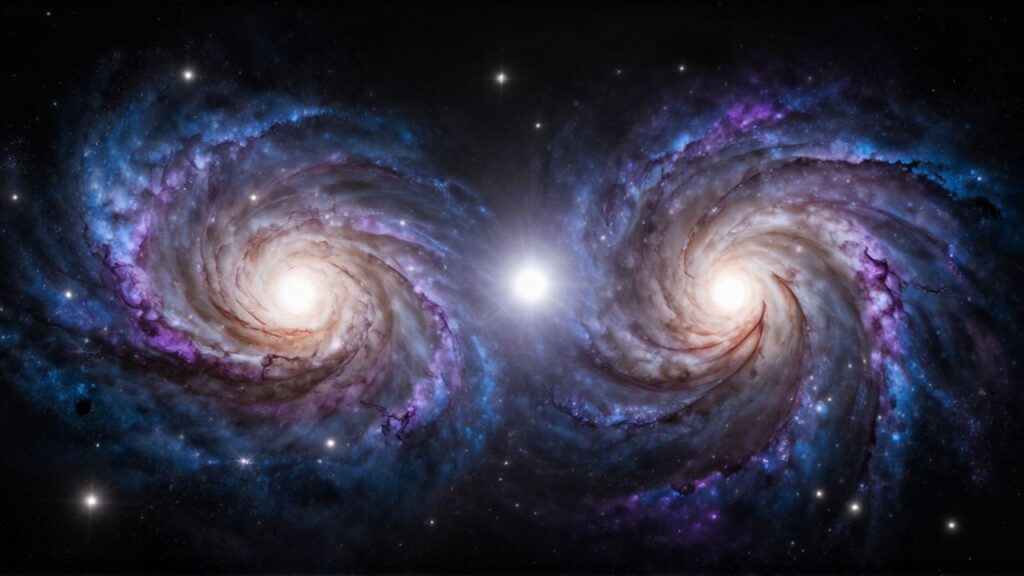 Dos galaxias espirales colisionan en el espacio profundo entre estelas de gas y luz violeta.