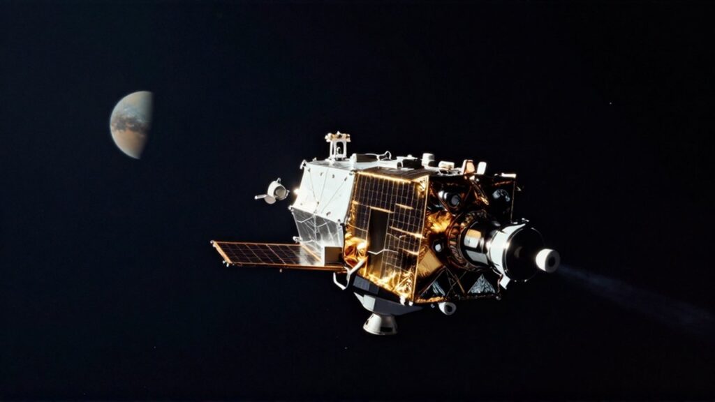 Sonda espacial New Horizons navegando por el espacio profundo con el planeta enano Plutón al fondo.