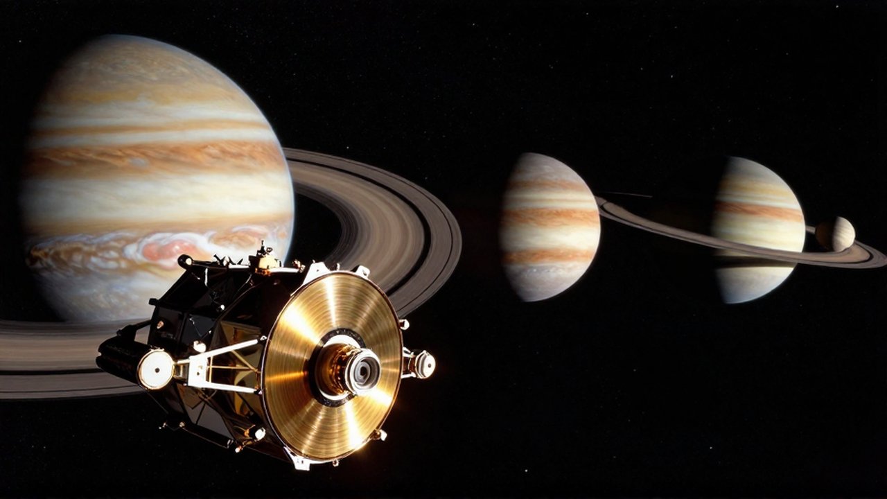 La sonda Voyager avanza por el espacio profundo frente a una alineación de planetas gigantes.
