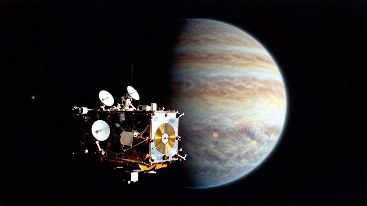 La sonda espacial Voyager flota en el espacio profundo frente a un gigante gaseoso brillante.