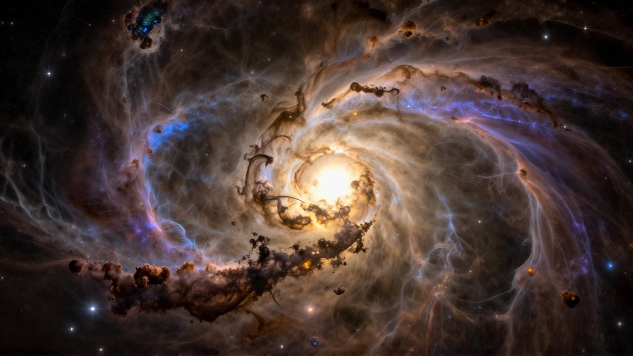 Protostrella brillando en el centro de una densa nebulosa de gas azul y polvo cósmico dorado.