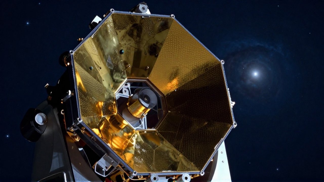 Primer plano del espejo hexagonal dorado del telescopio James Webb reflejando nebulosas en el espacio profundo.