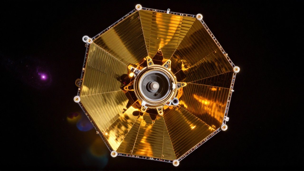 Espejo hexagonal dorado del telescopio James Webb flotando en el espacio frente a una nebulosa púrpura.