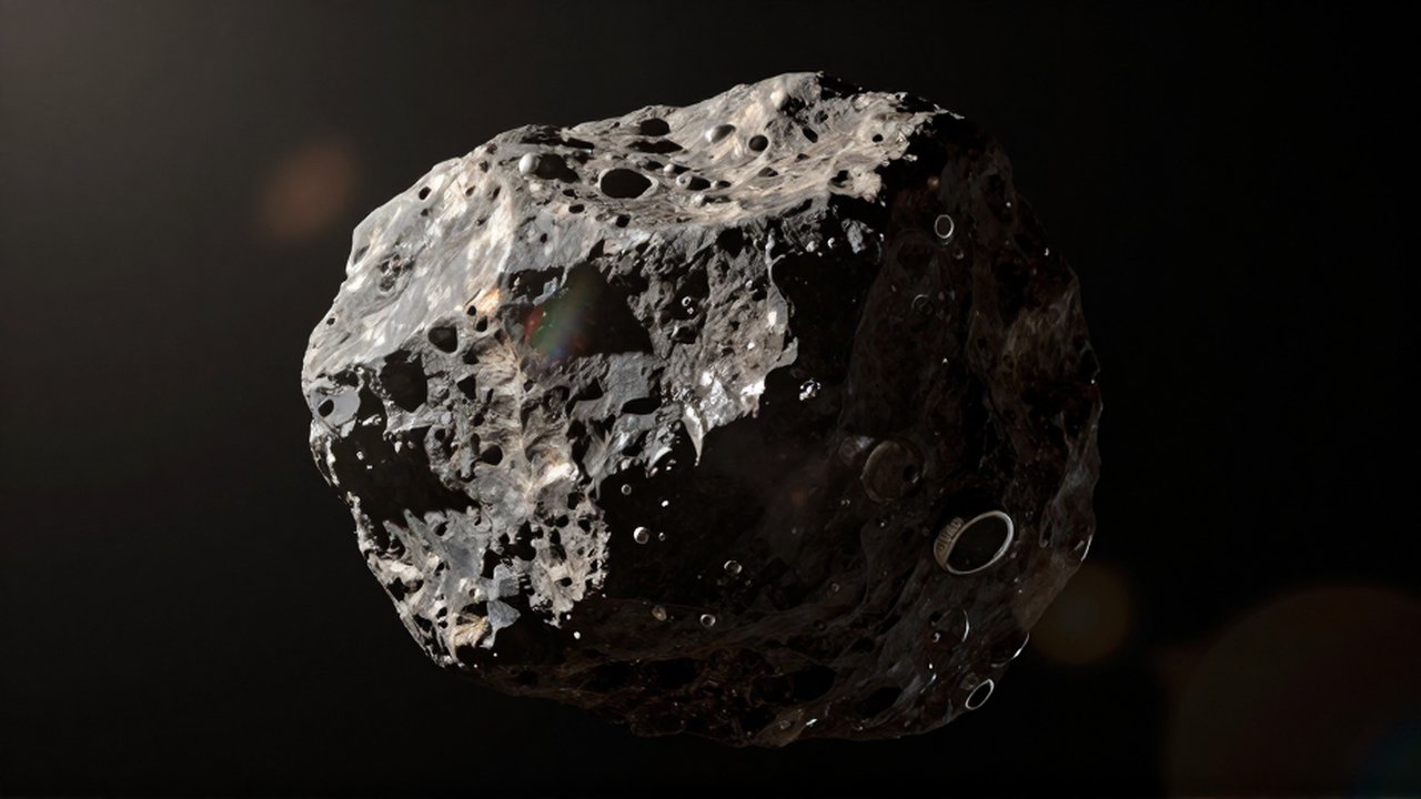 Asteroide de superficie rocosa e irregular flotando en el vacío oscuro del espacio.