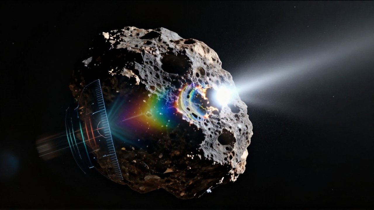Un rayo de luz blanca incide sobre la superficie rocosa de un asteroide oscuro en el espacio.