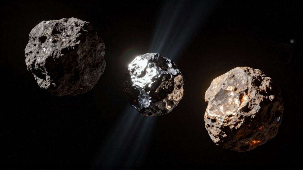 Tres asteroides de distintas texturas rocosas y metálicas flotando en el espacio profundo frente a un campo de estrellas.
