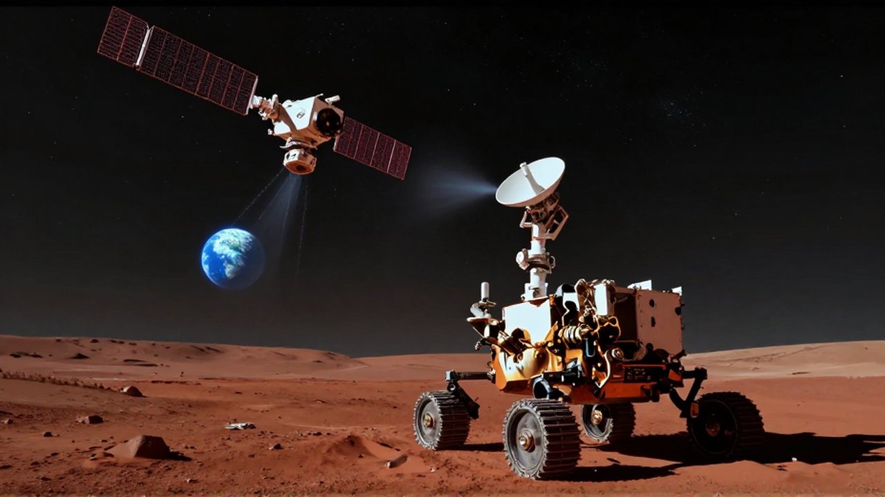 Un rover en la superficie roja de Marte envía una señal hacia la Tierra mediante un satélite.