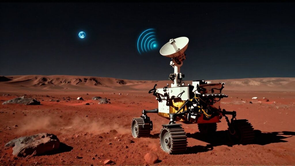 Un rover envía una señal desde el paisaje rocoso y rojizo de Marte hacia la Tierra.