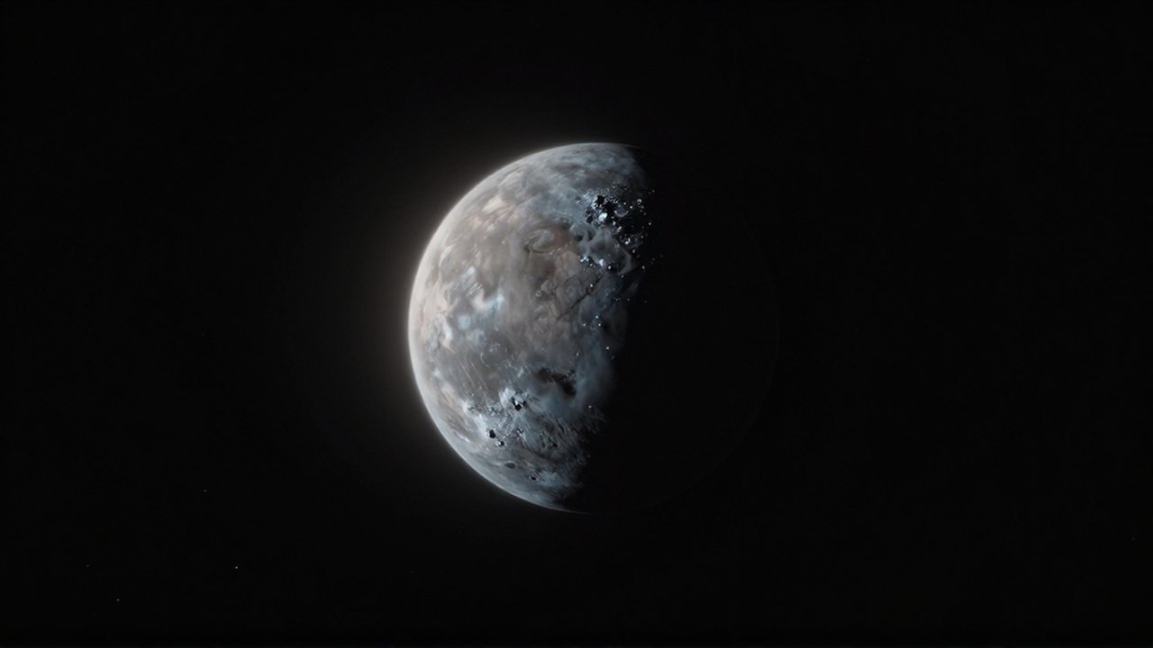 El planeta enano Sedna, una esfera rocosa y helada, flota en la oscuridad del espacio profundo.