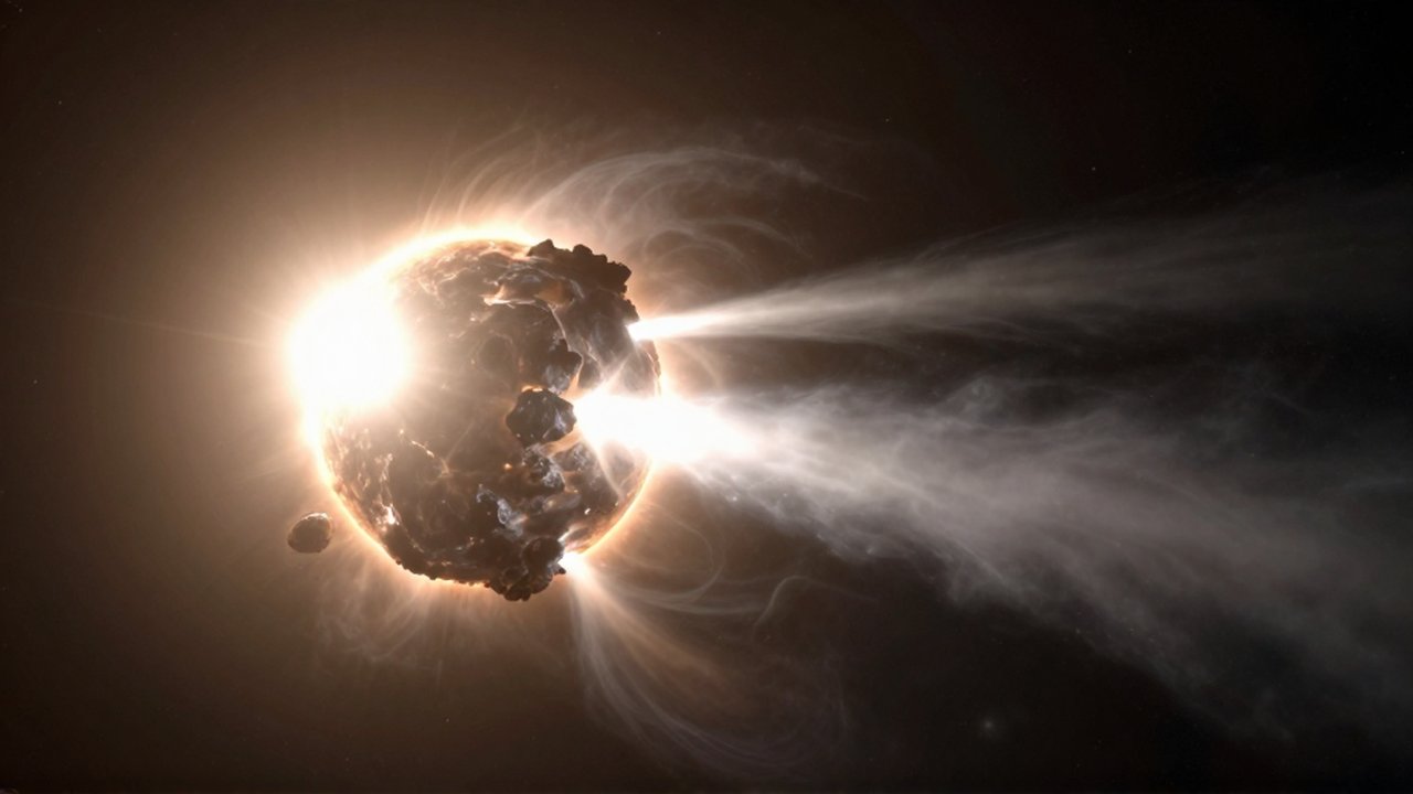 Cometa de roca oscura con estelas luminosas aproximándose a un sol radiante en el espacio profundo.