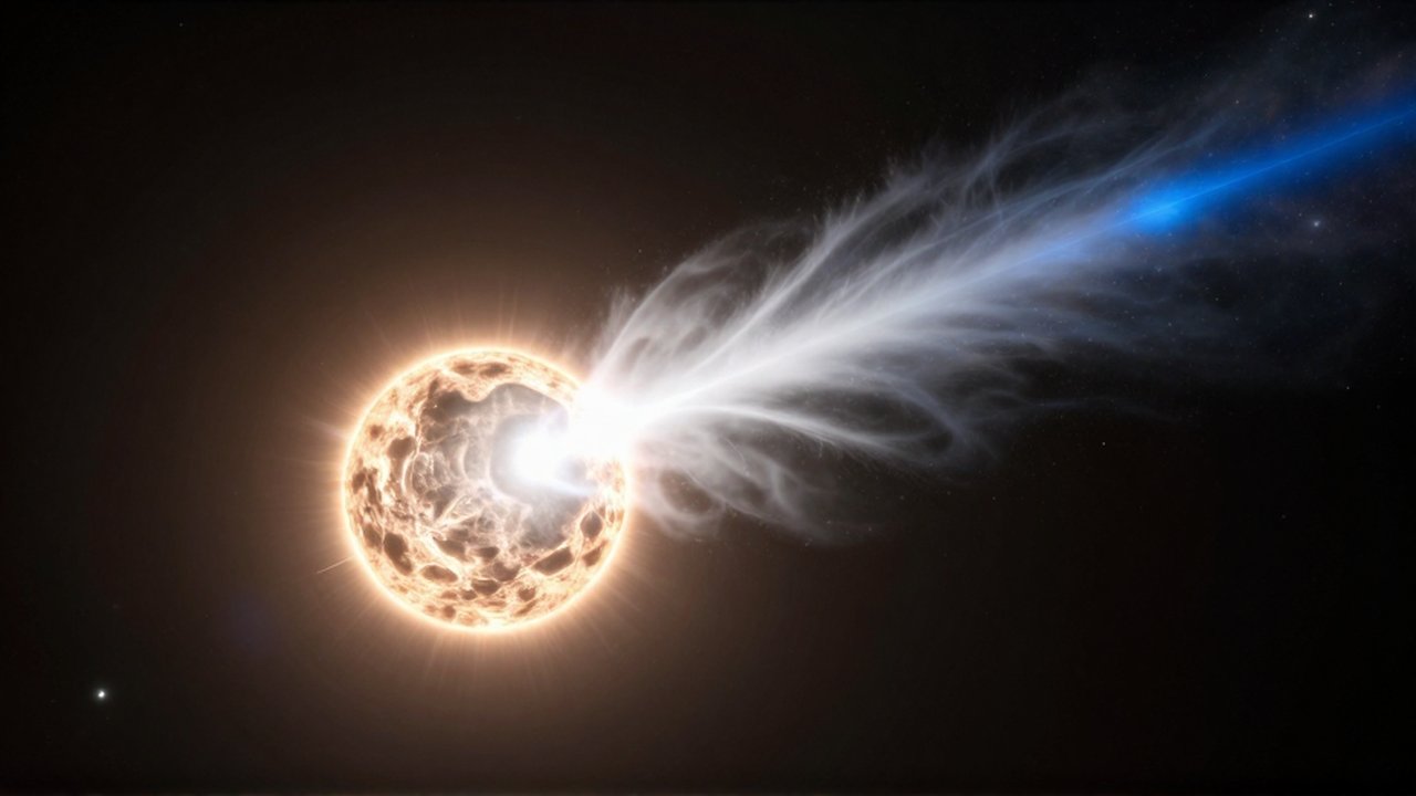 Cometa con dos colas brillantes acercándose a un sol resplandeciente en el espacio profundo.