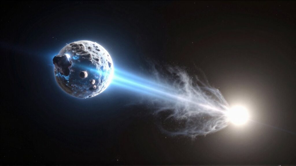 Cometa con núcleos de hielo y dos colas brillantes recorriendo el espacio profundo.