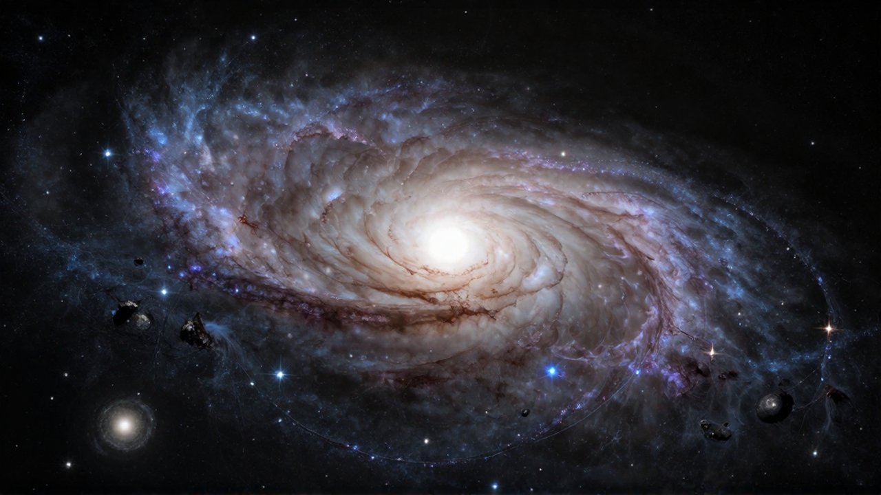 Gran galaxia espiral en formación rodeada de cúmulos de estrellas azules y nebulosas cósmicas.